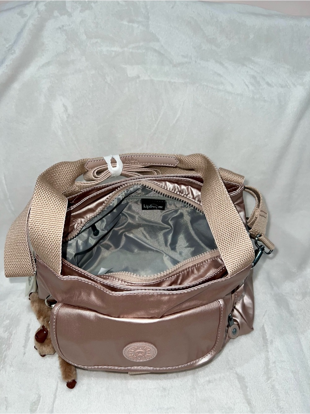 Kipling Metallic Rose Gold Crossbody Shoulder Bag with Plush Monkey Charm - Picture 4 of 4